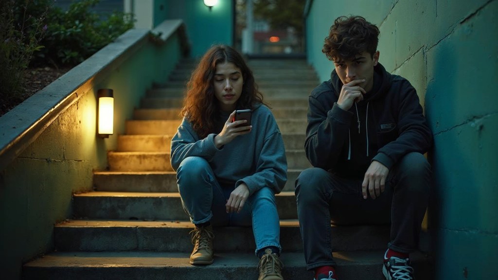 Two teenagers on skateboards looking at a phone on a set of concrete steps, photographed in Portland