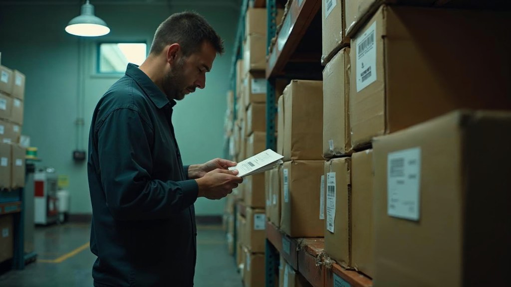 A seller checking barcodes on stacked cartons in a garage stockroom, photographed in Portland
