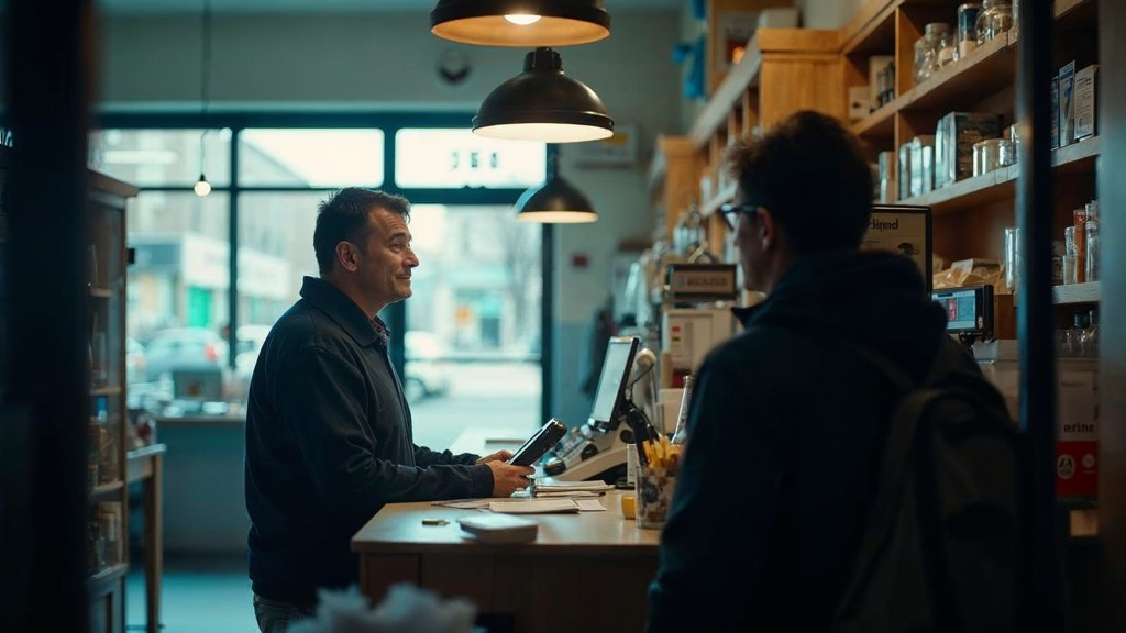 A shop manager standing behind the counter checking a phone while a customer waits at the till, photographed in Portland