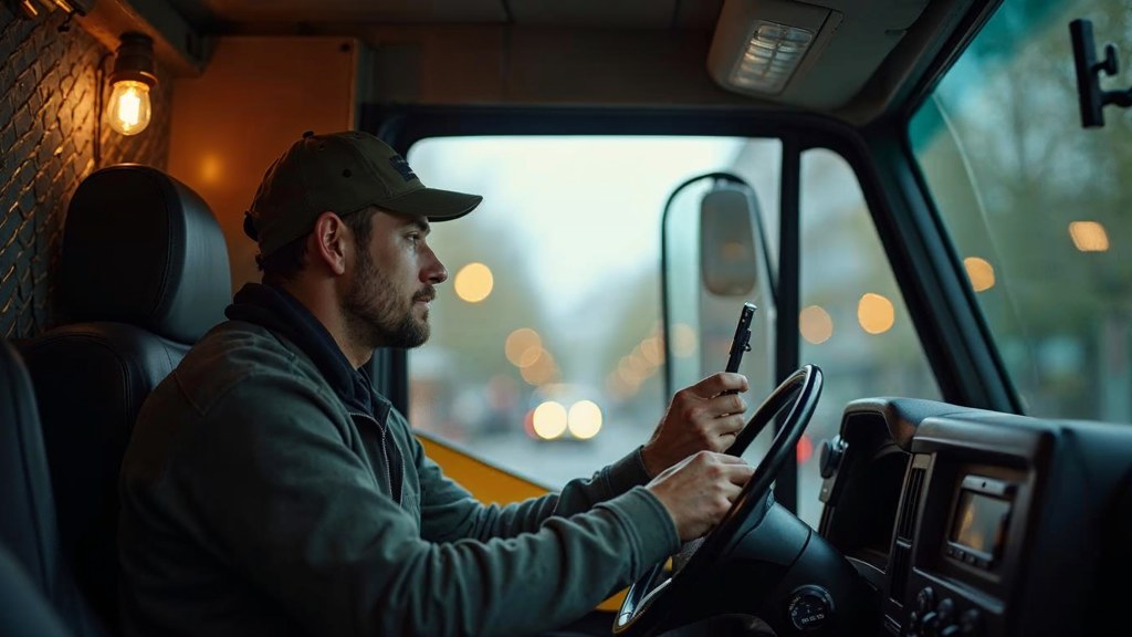 A contractor sitting in the cab of a work van reviewing a phone before driving off, photographed in Portland