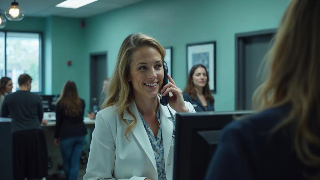 A clinic receptionist taking a phone call at a busy front desk with patients waiting, photographed in Portland