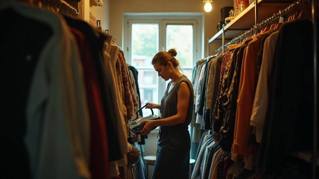 A boutique owner steaming garments in a narrow shop stockroom at opening time, photographed in Portland