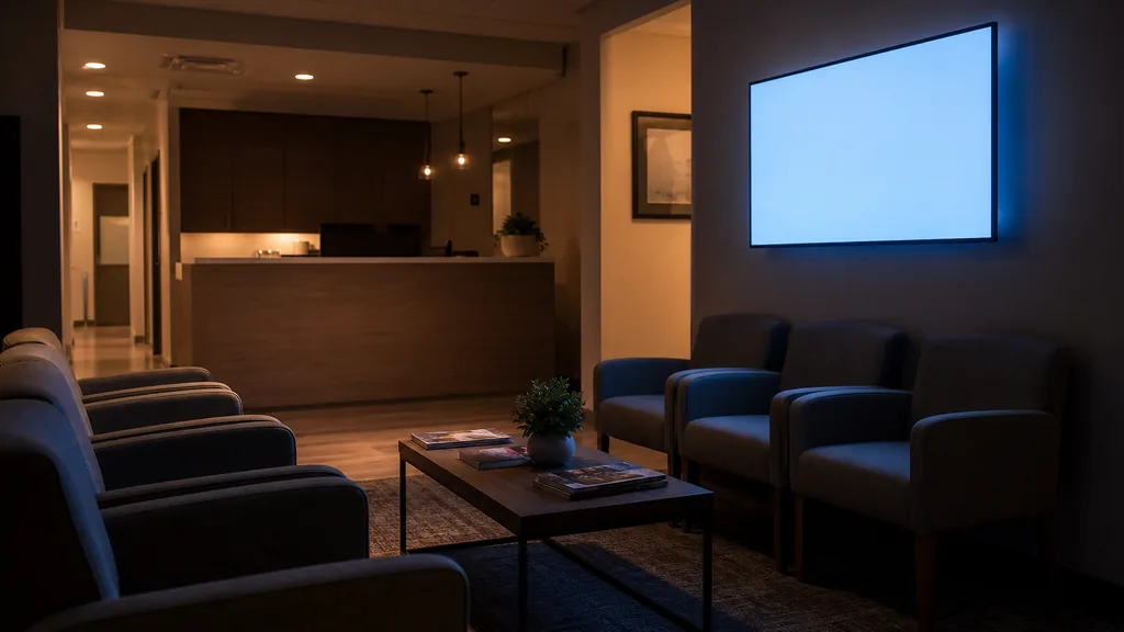 An empty dental waiting room at dusk lit by a large wall-mounted screen glowing pale blue, modern seating and a low table, the reception desk in shadow