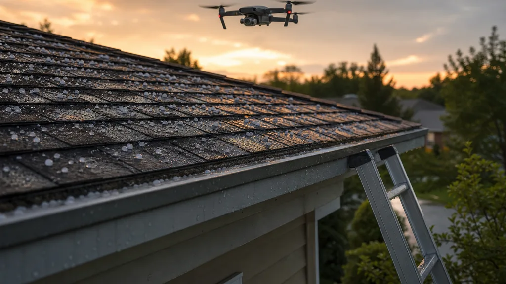 A residential asphalt shingle roof at dusk after a hailstorm with a camera drone hovering low above the ridge line, an extension ladder against the fascia, a suburban treeline in shadow