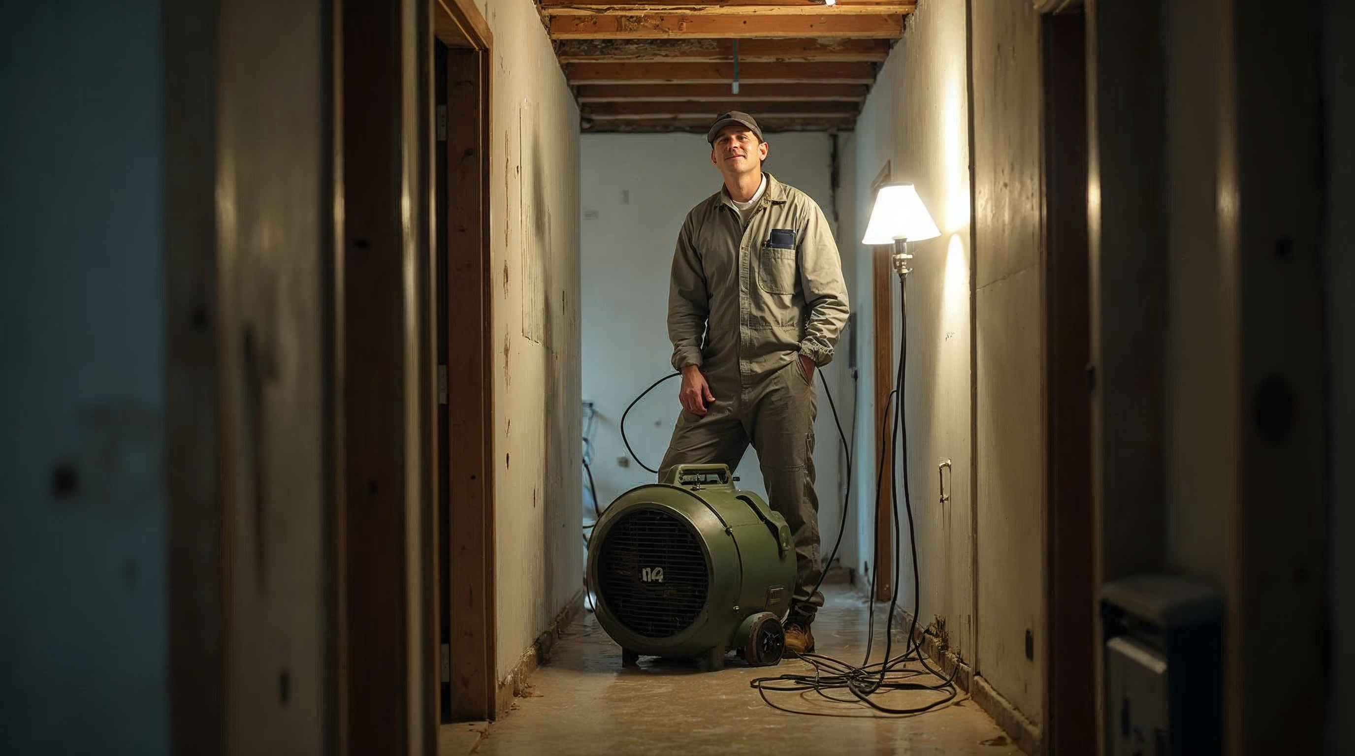 Restoration technician positioning an air mover in a stripped-out flooded basement hallway under work-lamp light