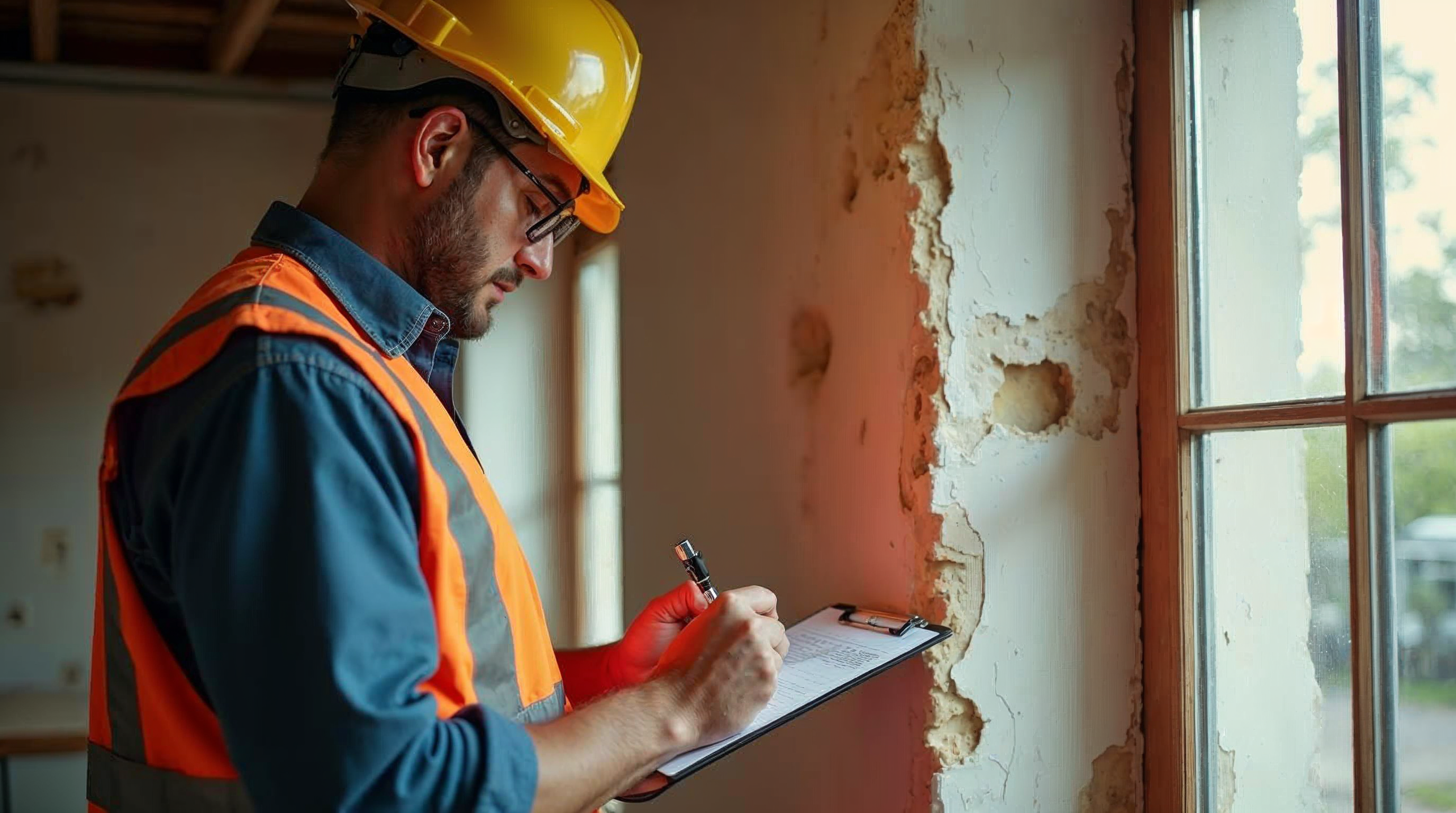 Restoration project manager noting moisture readings on a clipboard beside an opened wall cavity being dried