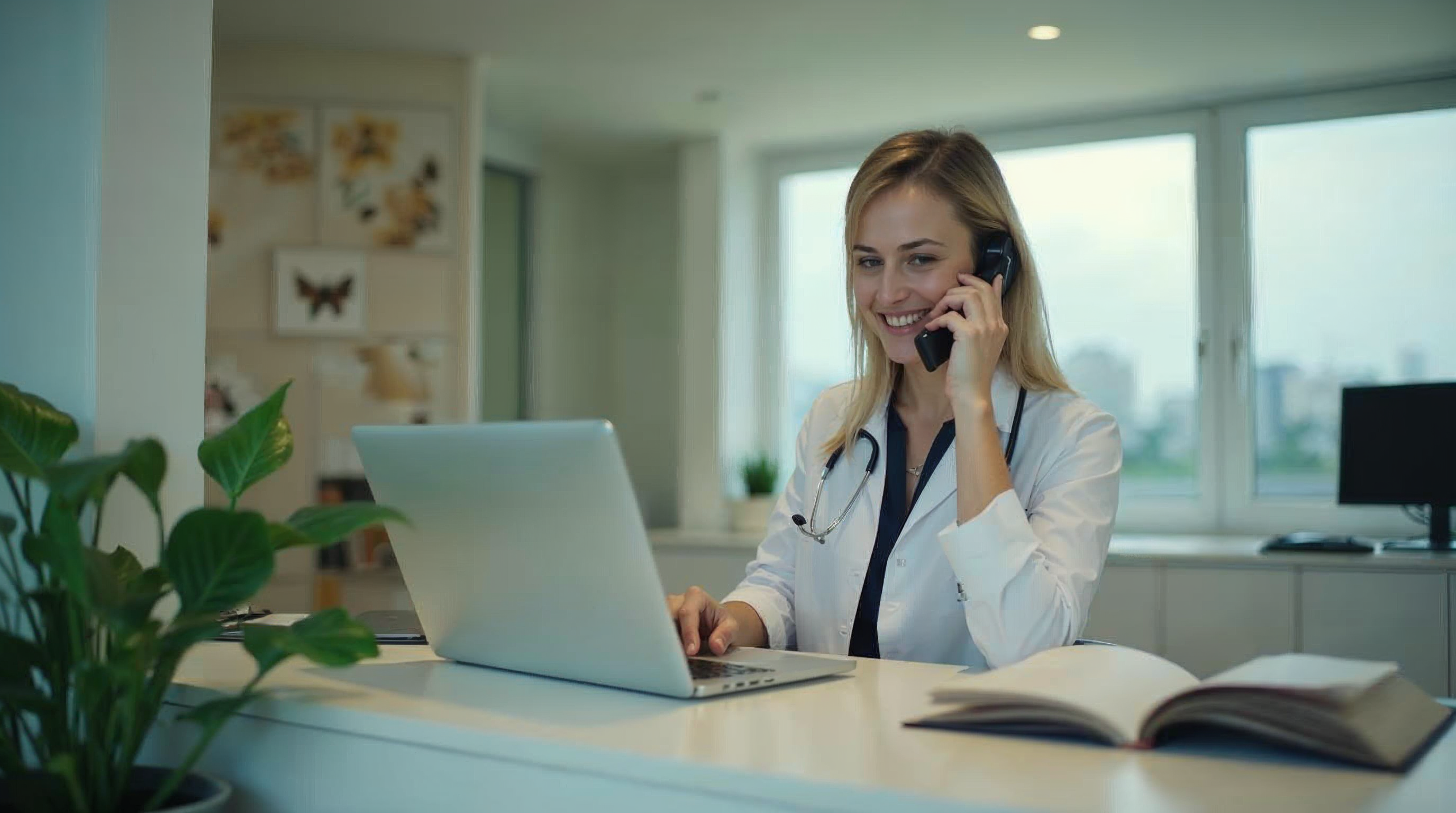 Fertility clinic coordinator taking a phone call at a calm reception desk beside a paper appointment book