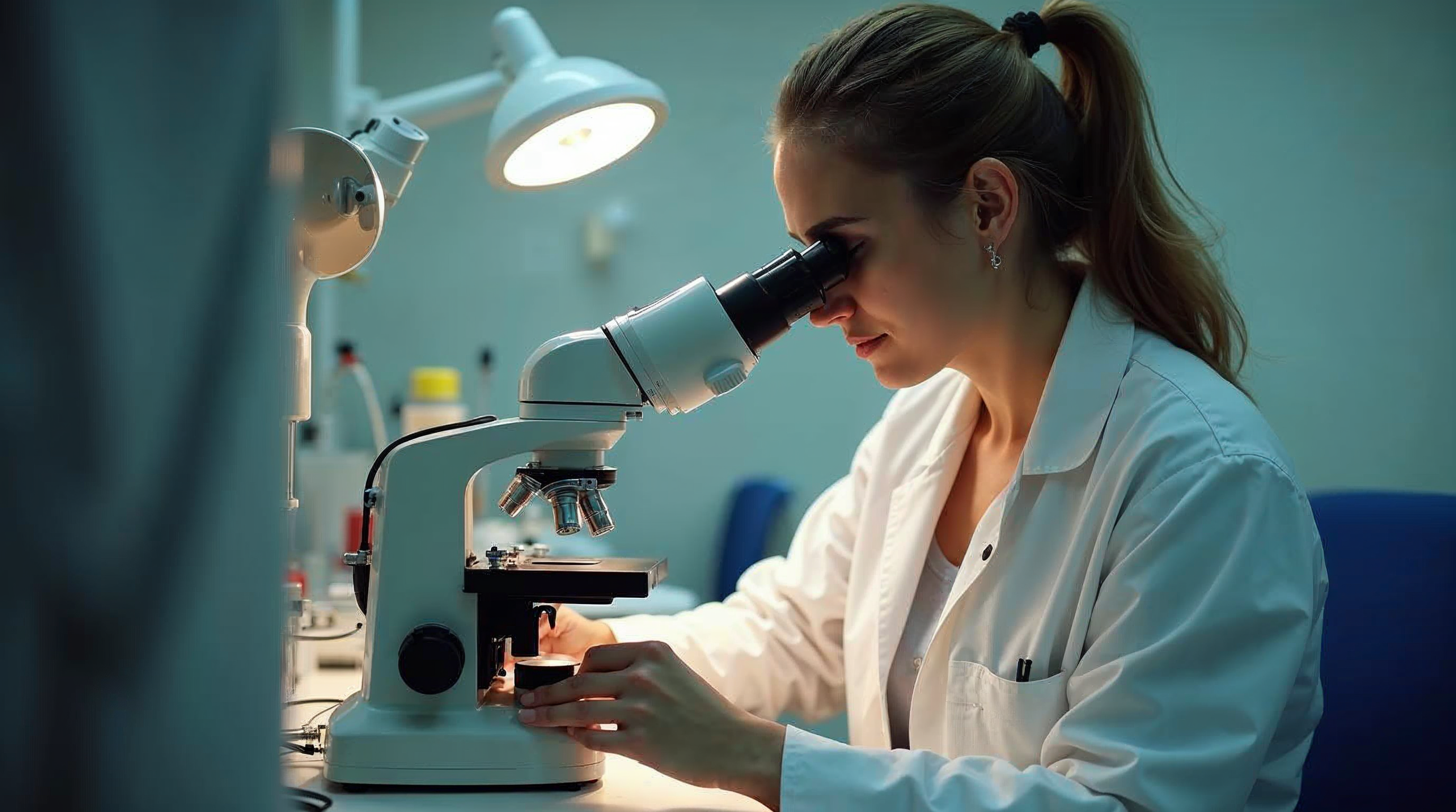 Embryologist adjusting a microscope in a quiet fertility laboratory under warm task lighting