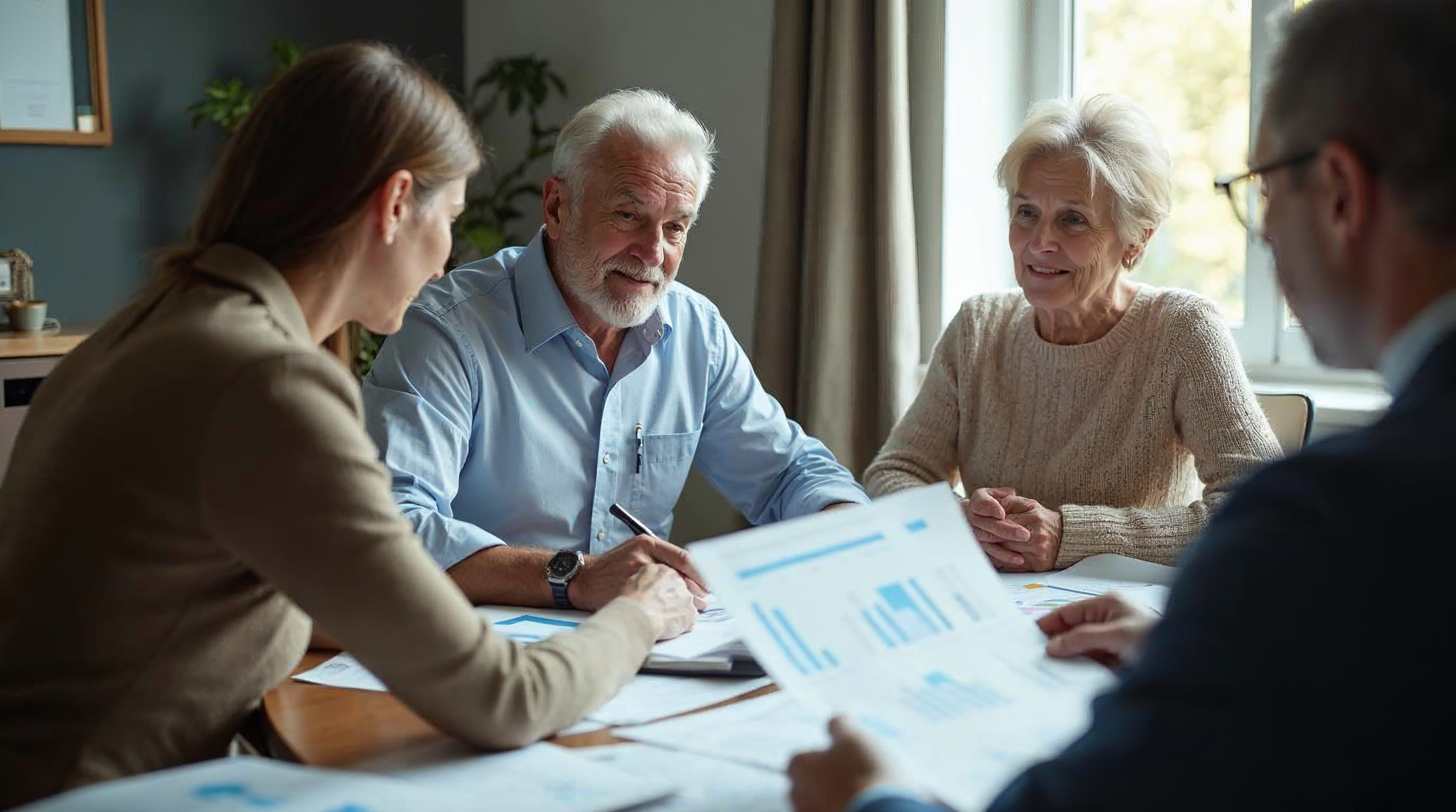 Financial advisor reviewing printed portfolio pages with a couple in their fifties at a conference table