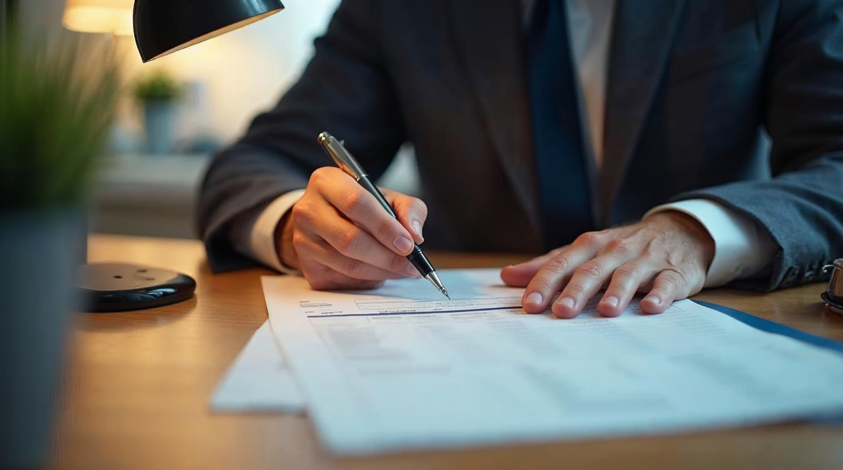 Financial advisor annotating a printed retirement plan with a fountain pen at a desk in late afternoon light