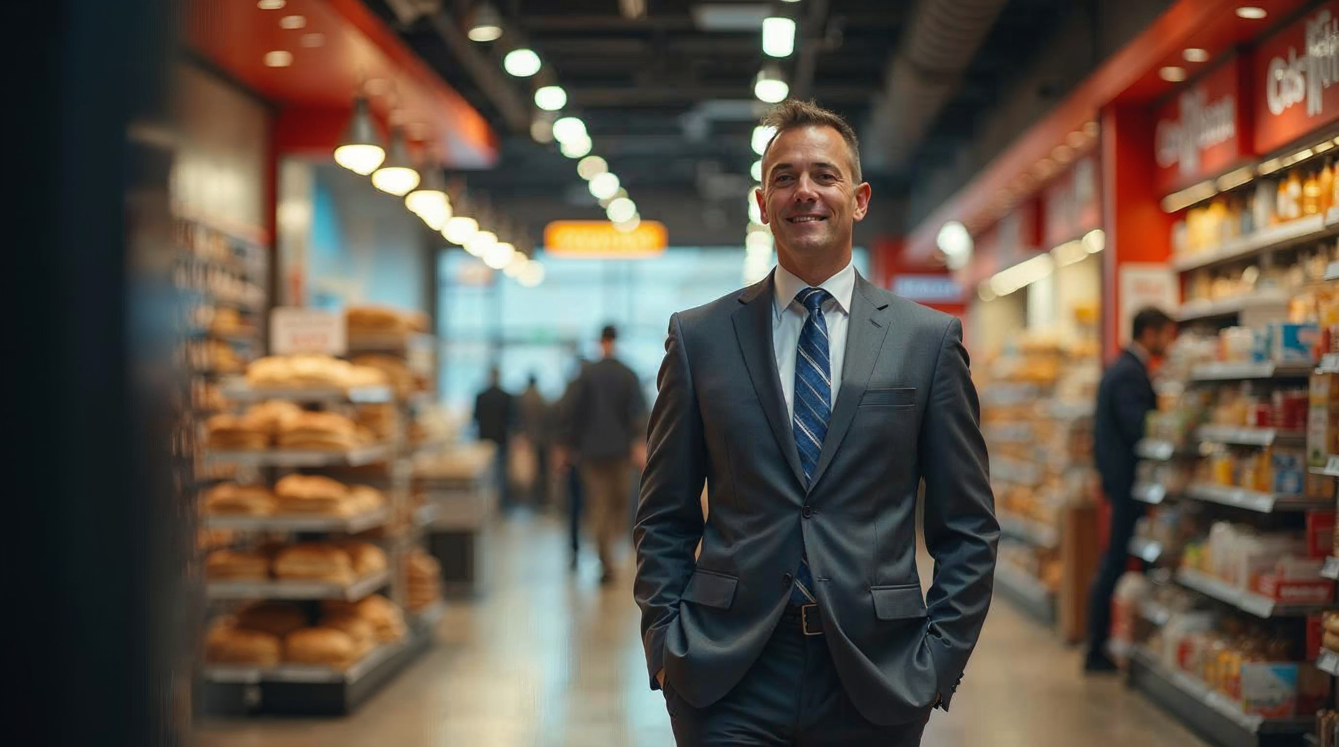 Multi-unit franchise operator walking through a newly opened retail location before opening hours as the lights come on