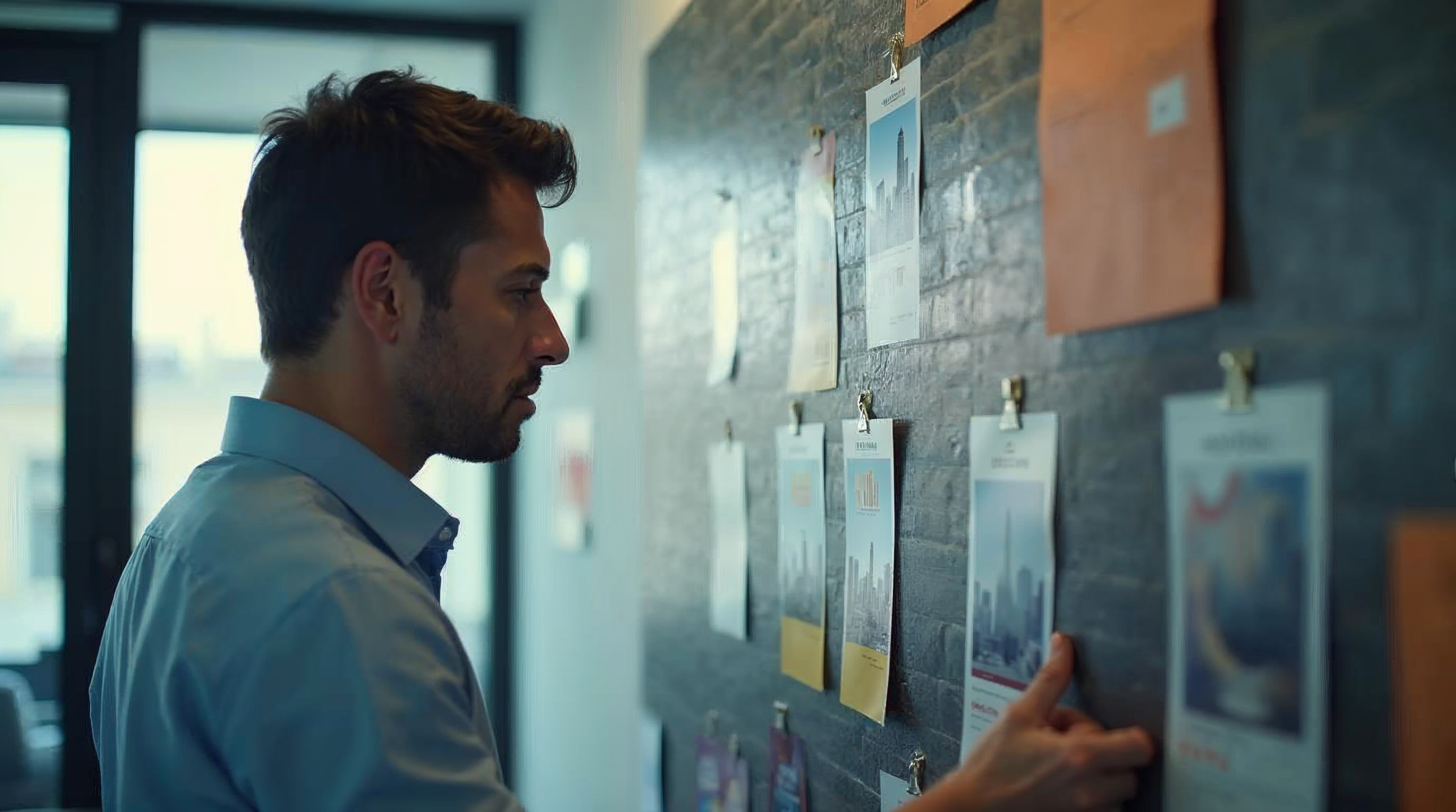 Franchise marketing manager reviewing printed local campaign flyers for different city locations on an office wall