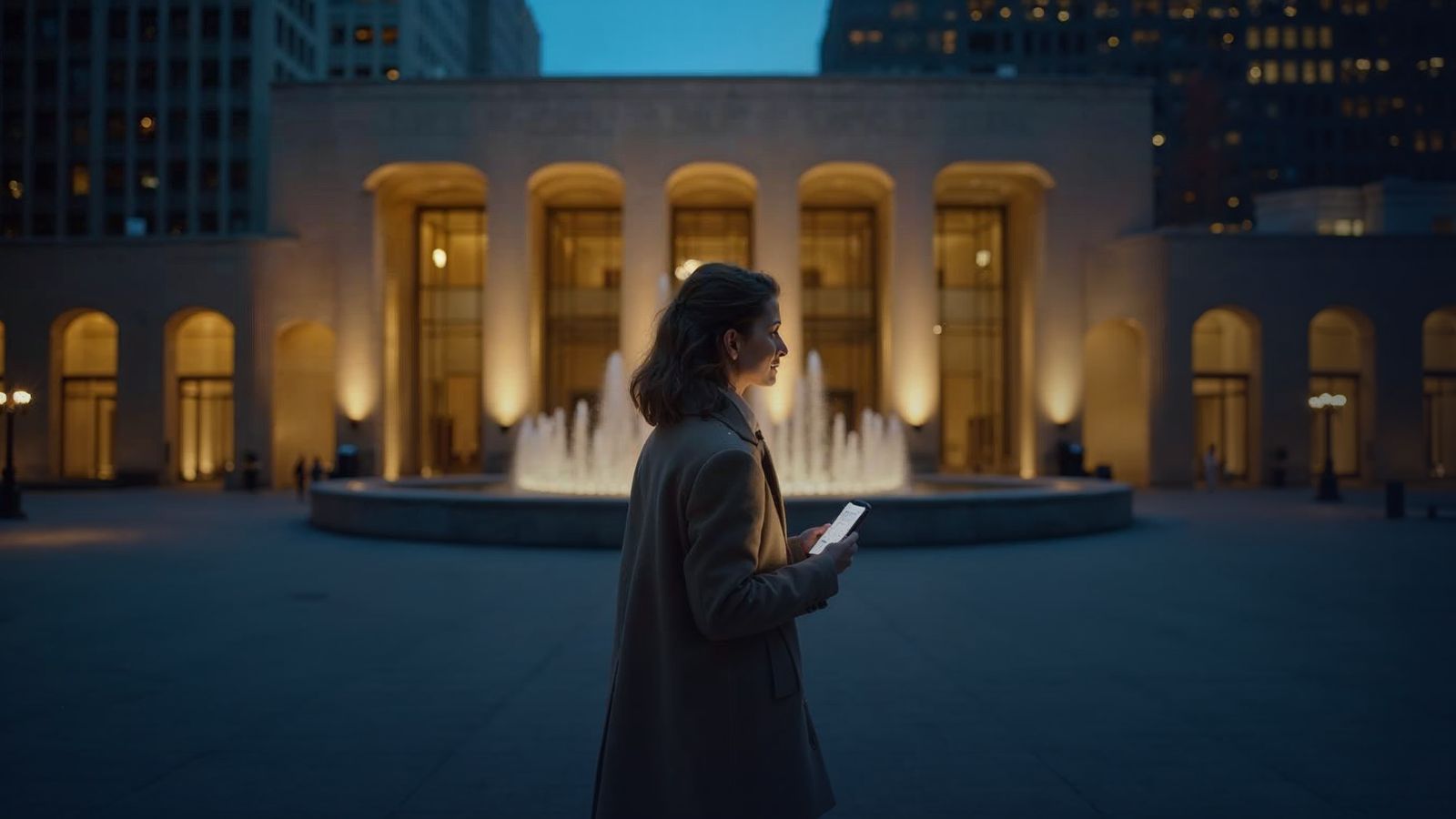 Manhattan performing-arts plaza lit at dusk