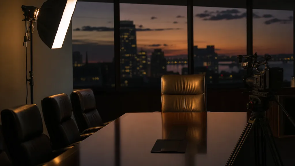 A quiet corporate boardroom set up as a film location at dusk, one softbox light stand and a cinema camera on a tripod facing an empty leather chair, city windows behind in deep shadow