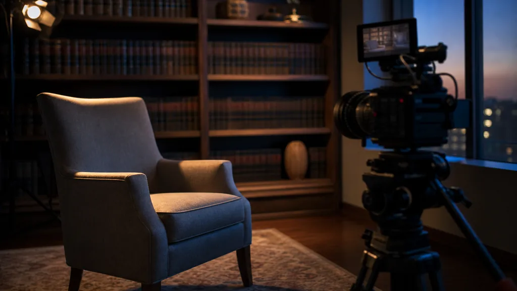 A law office interview set at dusk, an empty upholstered chair facing a cinema camera on sticks, a bookshelf of legal volumes softly blurred behind, one warm key light and a blue rim light