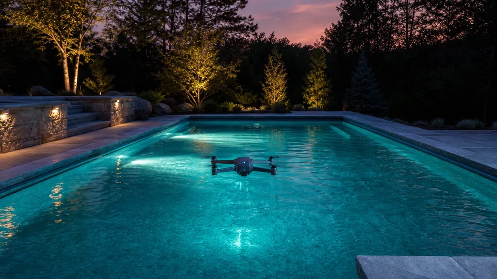A newly finished backyard swimming pool at twilight with underwater lights glowing turquoise, a camera drone hovering low above the water, stone coping and dark planting