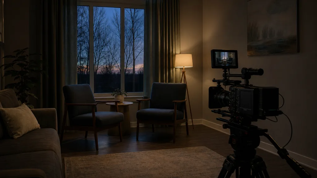A calm residential treatment centre common room at dusk, two empty armchairs by a tall window, a cinema camera on a tripod framing them, soft warm lamp light and quiet shadows