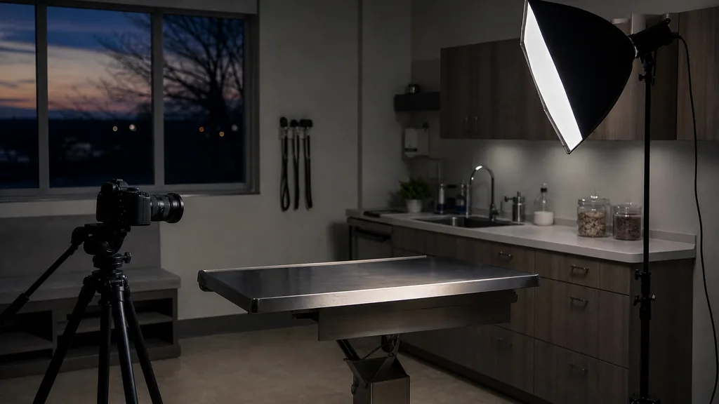 A modern veterinary clinic exam room at dusk lit for filming, a stainless exam table, one softbox and a camera on a tripod facing it, cabinets and a window in shadow