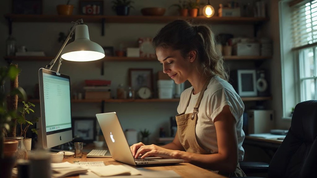 A small-business owner in an apron leaning over a laptop on a cluttered back-office desk late in the day, photographed in Providence