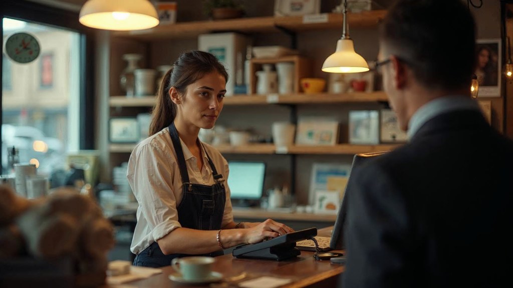 A shop manager standing behind the counter checking a phone while a customer waits at the till, photographed in Providence