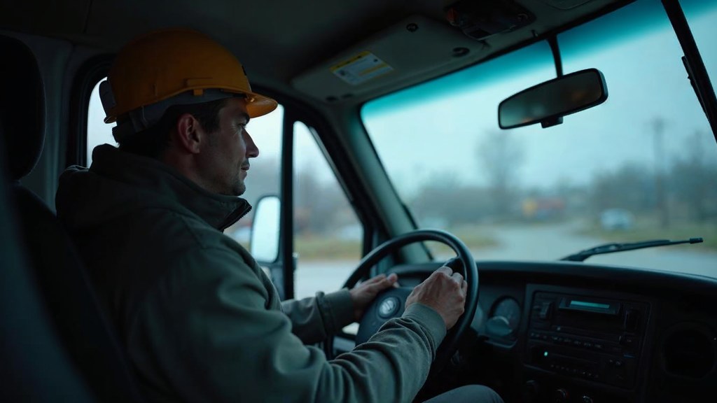 A contractor sitting in the cab of a work van reviewing a phone before driving off, photographed in Providence