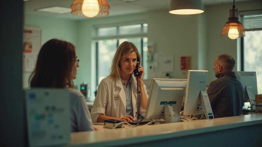 A clinic receptionist taking a phone call at a busy front desk with patients waiting, photographed in Providence