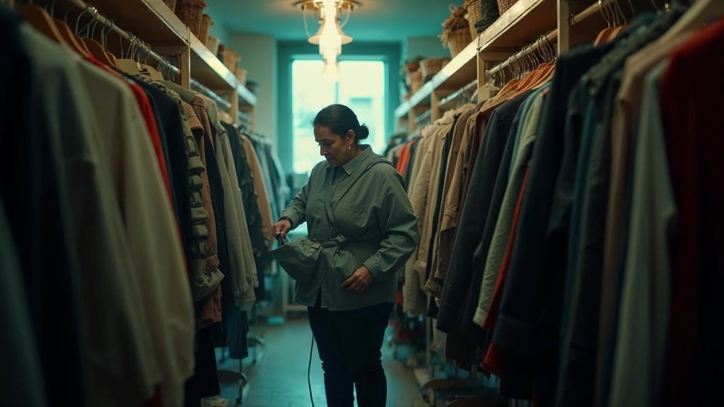 A boutique owner steaming garments in a narrow shop stockroom at opening time, photographed in Providence