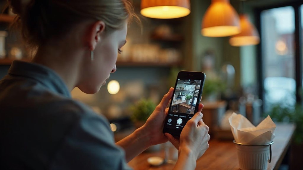 A young cafe worker filming a drink being poured on a phone propped against a napkin holder, photographed in Providence