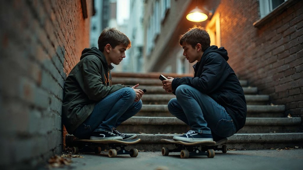 Two teenagers on skateboards looking at a phone on a set of concrete steps, photographed in Providence
