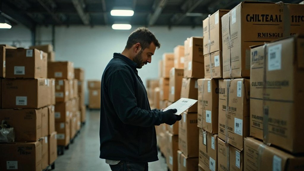 A seller checking barcodes on stacked cartons in a garage stockroom, photographed in Providence