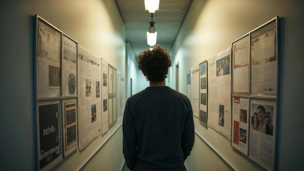 A media planner standing at a wall of printed layouts in a narrow agency corridor, photographed in Providence