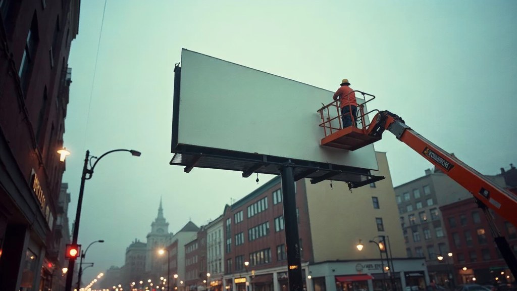 A crew member on a lift installing a blank billboard panel above a busy street, photographed in Providence