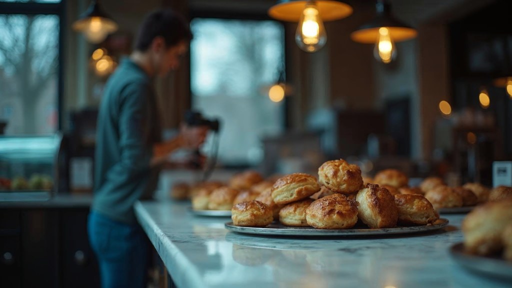 A bakery owner photographing a tray of pastries on a marble counter at dawn, photographed in Providence
