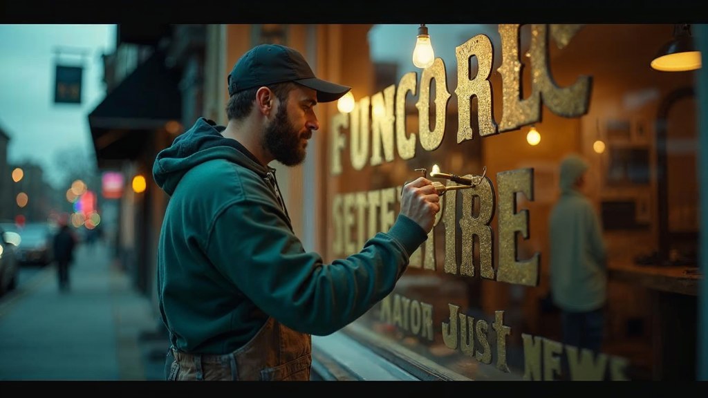 A sign painter finishing gold lettering on a shopfront window from the street side, photographed in Providence