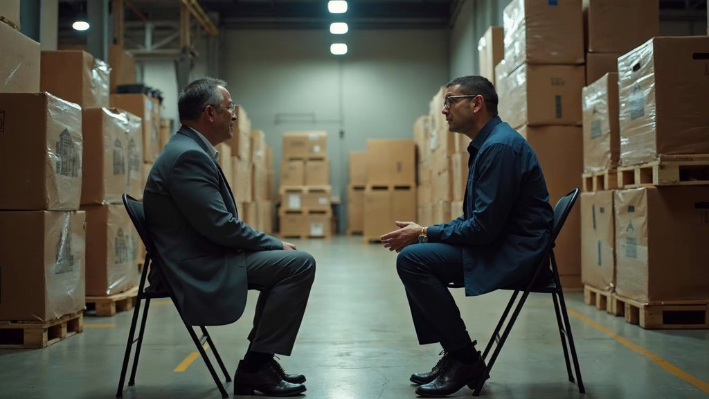 A warehouse supervisor interviewing a candidate on folding chairs beside stacked pallets, photographed in Providence