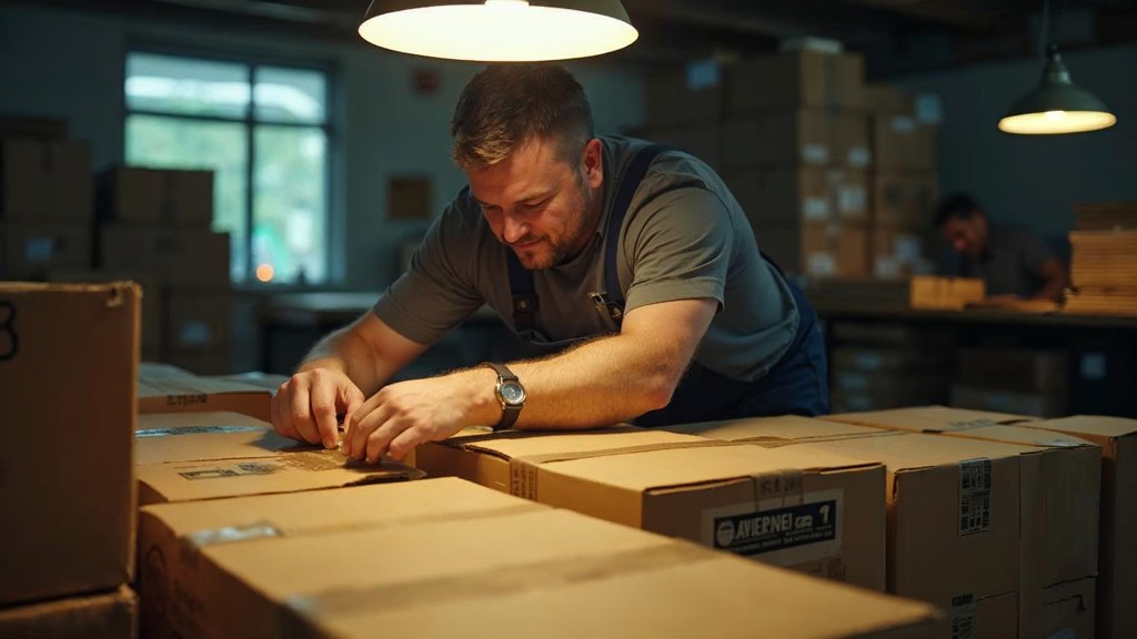 A warehouse worker taping shipping boxes under strip lighting in a small fulfilment room, photographed in Providence