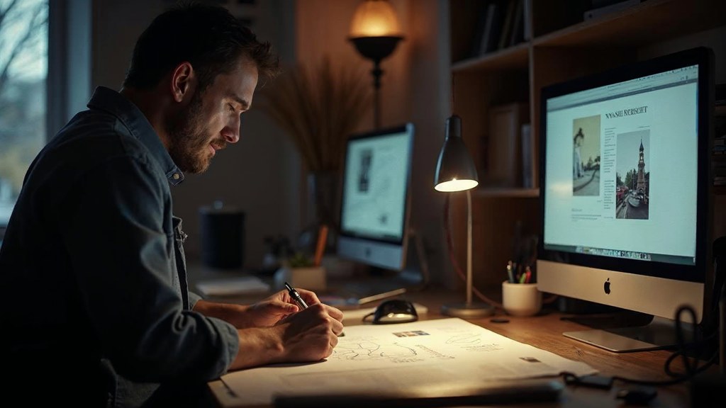 A studio designer sketching a page layout on paper beside a monitor in a dim room, photographed in Providence