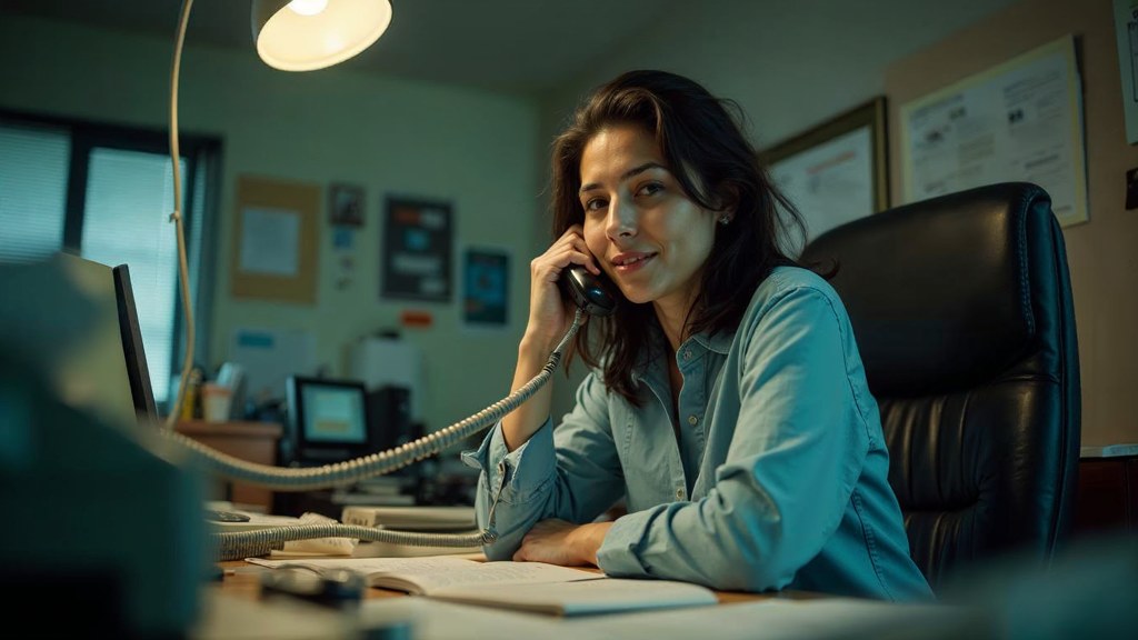 An office manager at a cluttered desk with a landline handset tucked under one ear, photographed in Providence
