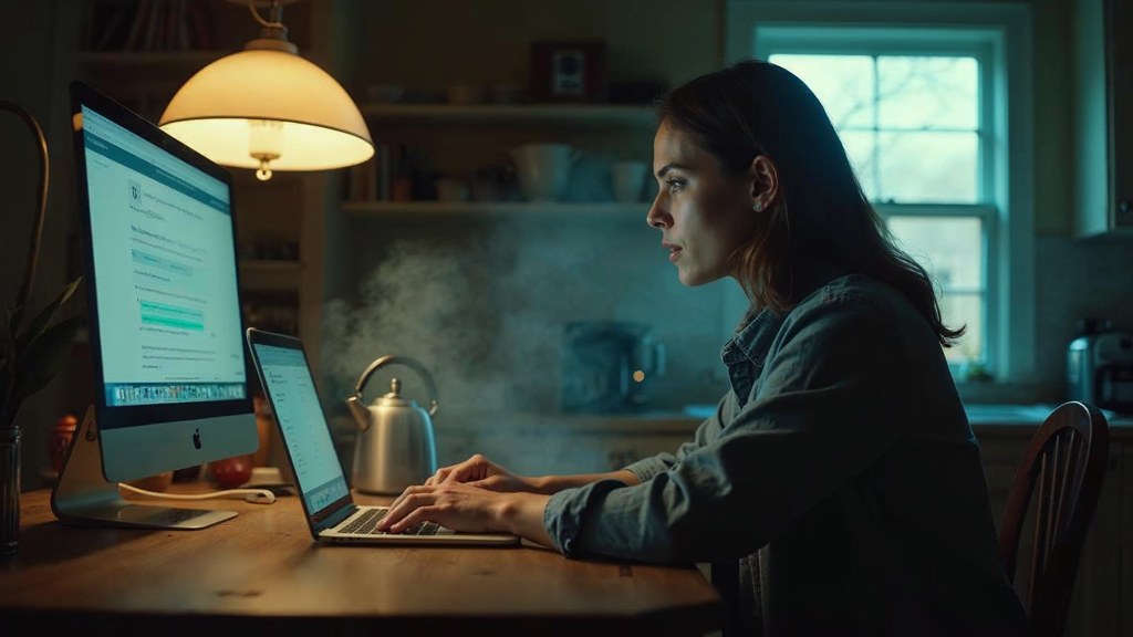 A service-business owner at a kitchen table typing a question into a laptop while a kettle steams behind, photographed in Providence