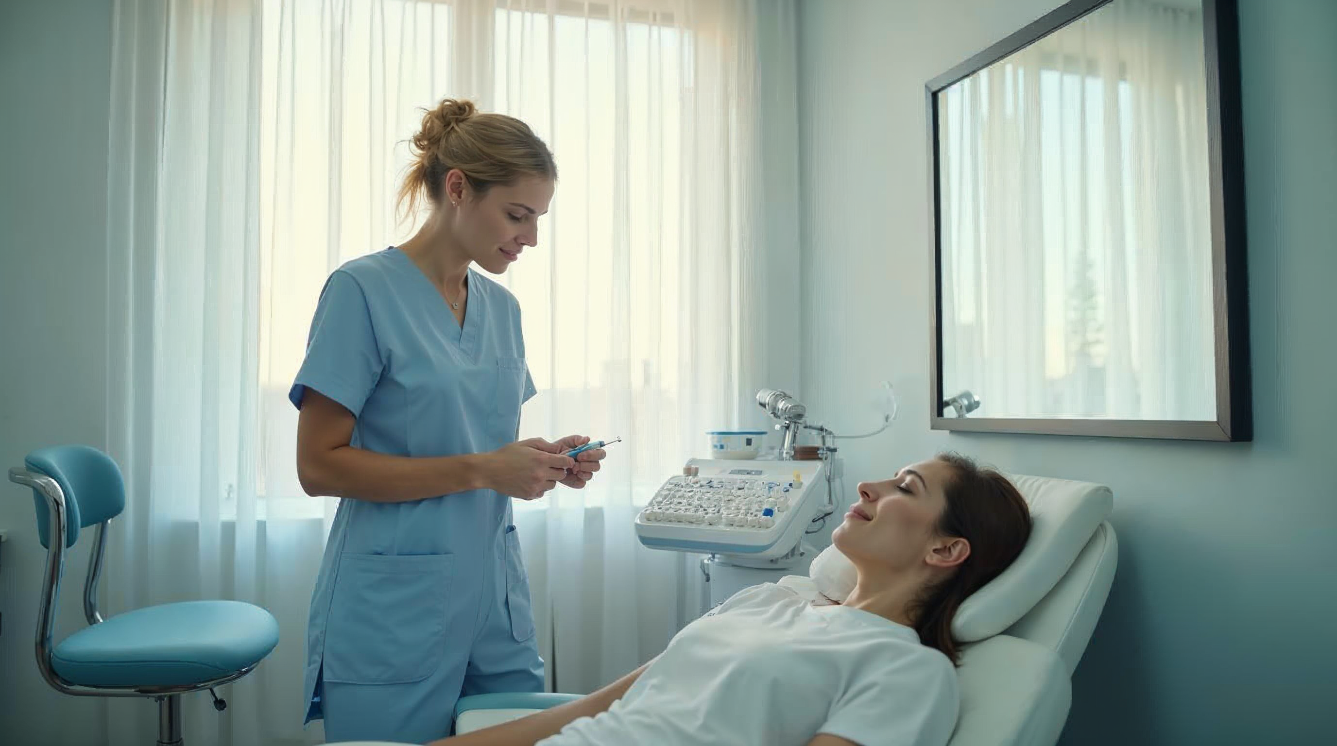 Nurse injector preparing a treatment room in a modern medical spa before a patient consultation