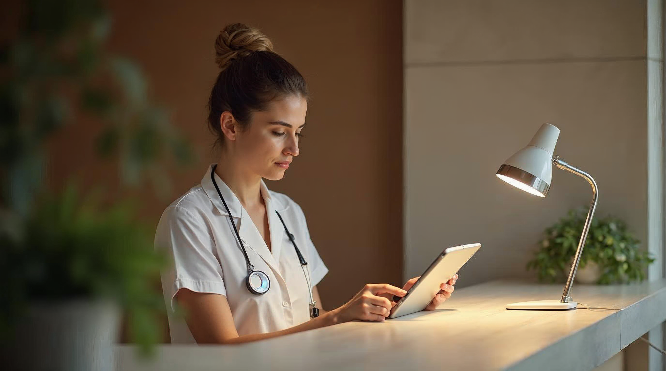 Med spa front-desk coordinator checking the day’s consultation schedule on a tablet at a minimal reception counter