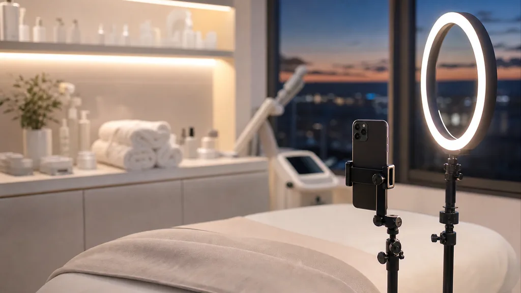 A smartphone on a small tripod with a ring light beside it, set up in a bright modern aesthetics clinic treatment room at dusk, folded white towels and skincare bottles softly out of focus behind