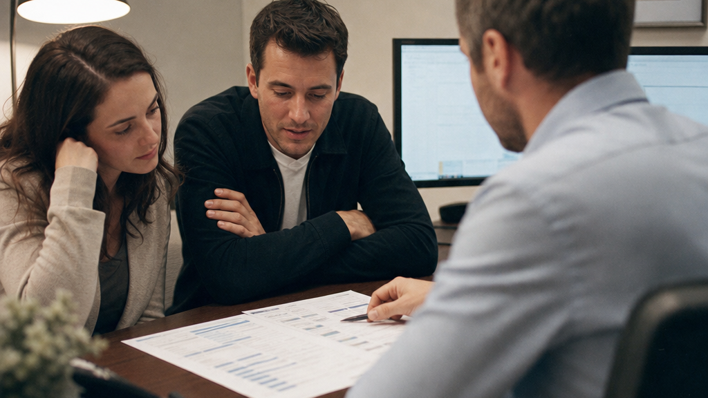 Mortgage broker meeting a young couple across a desk with rate sheets and two monitors in a small office