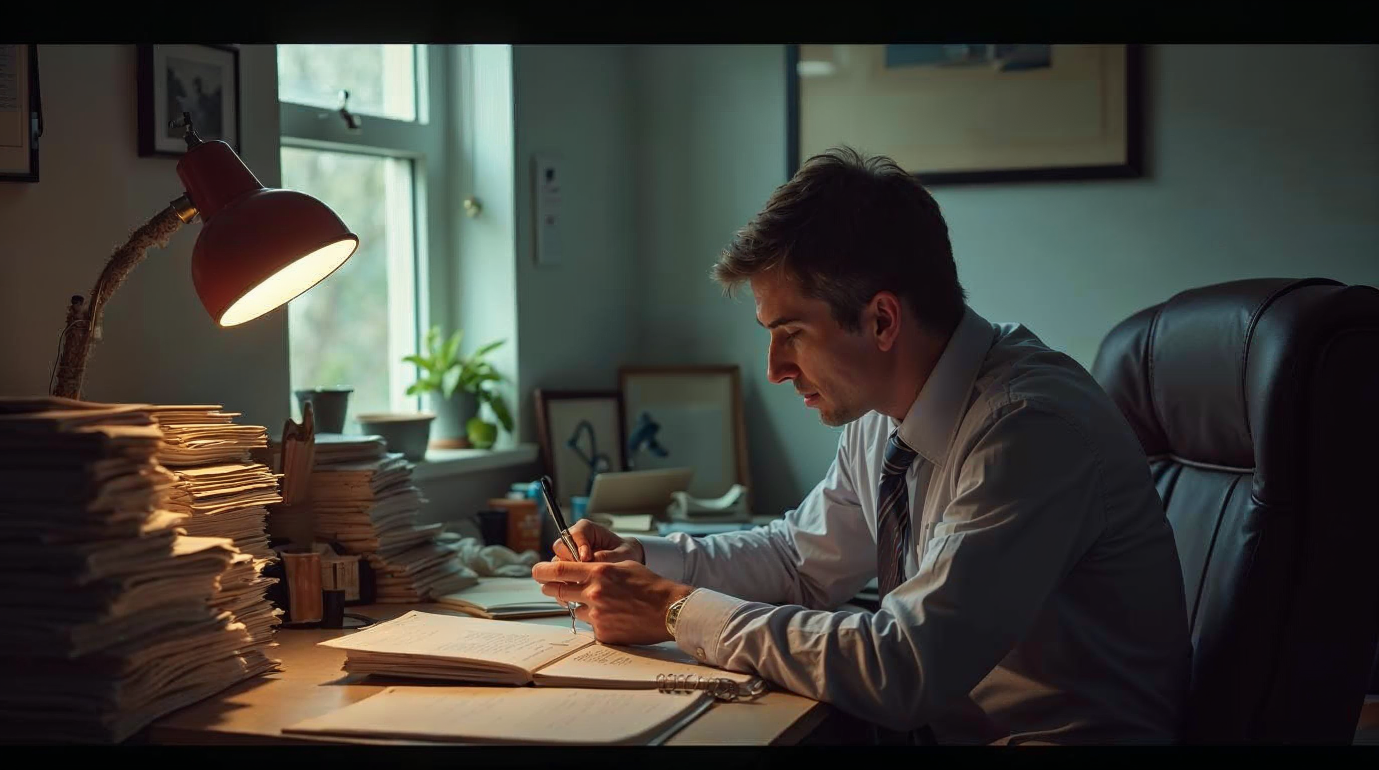Loan officer reviewing a stack of mortgage files by an office window in warm late-afternoon lamp light