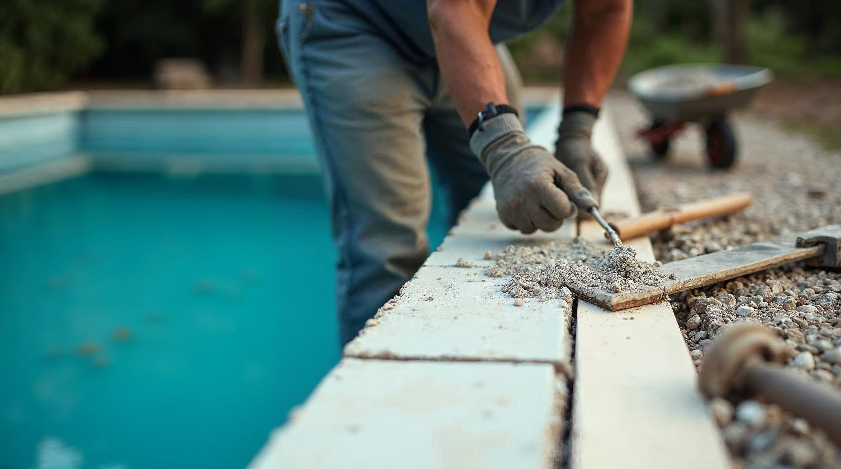 Pool construction crew setting tile on new pool coping with tools and a wheelbarrow beside the shell