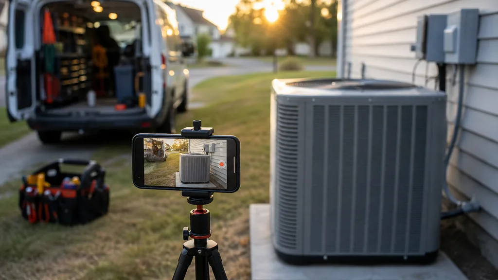 A smartphone clamped to a small tripod filming a residential air conditioning condenser unit beside a suburban house at golden hour, a service van tailgate and tool bag softly out of focus behind