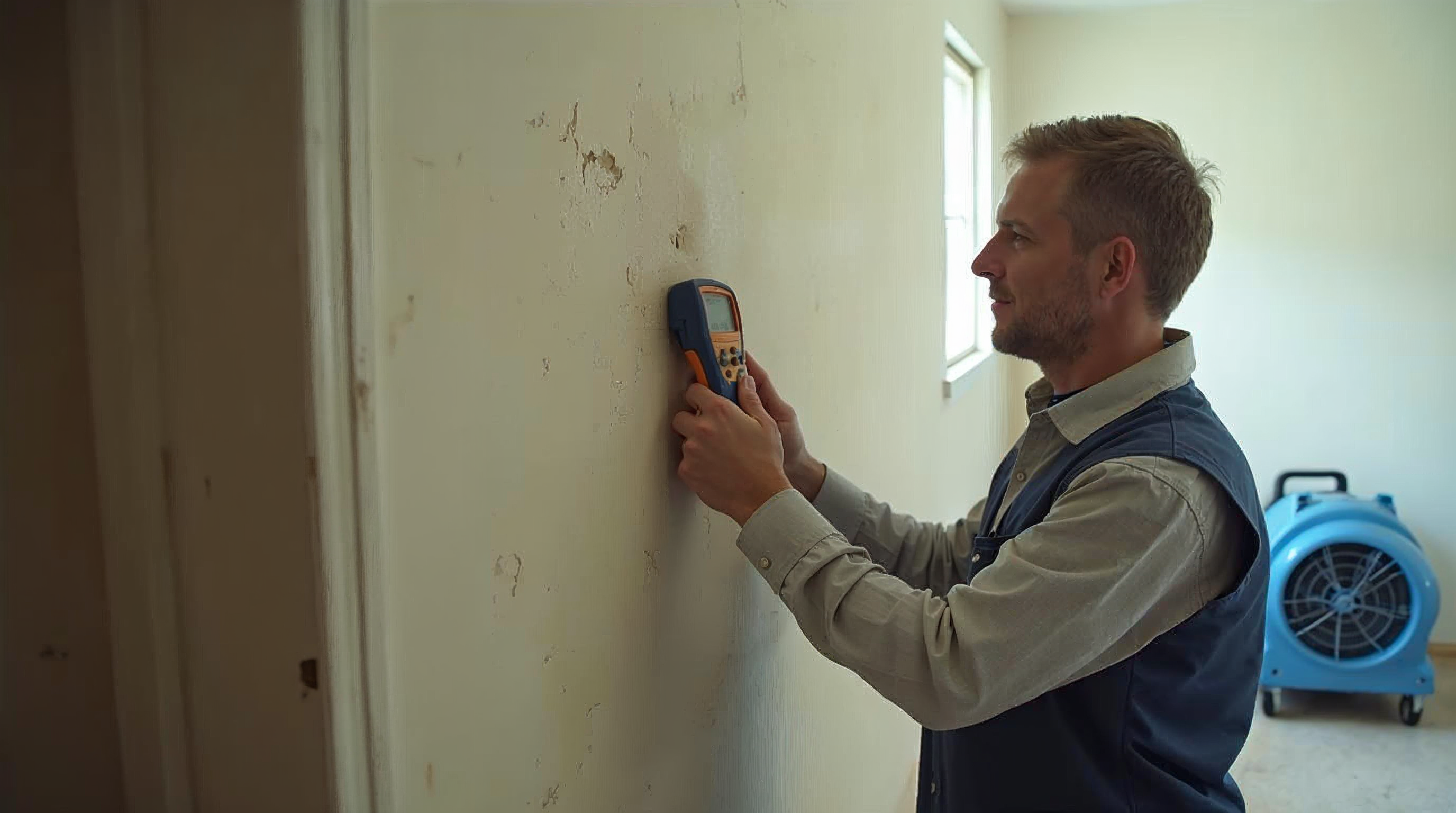 Restoration technician holding a moisture meter against damp drywall behind a removed baseboard with an air mover running