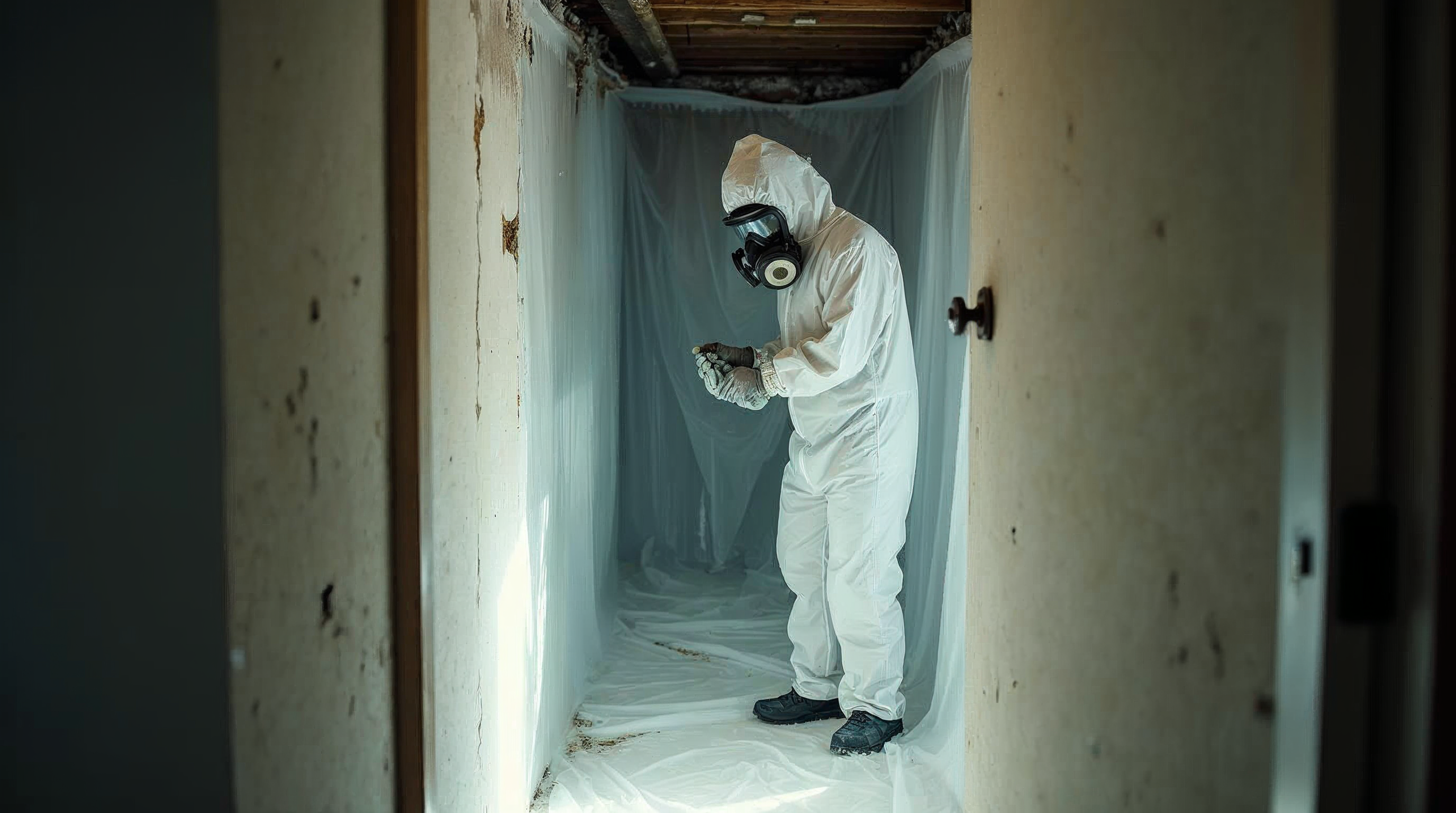 Mold remediation technician in a respirator setting up containment sheeting in a residential basement under work light