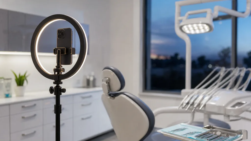 A smartphone on a small tripod with a ring light in a bright modern dental practice treatment room at dusk, a dental chair and instrument tray softly out of focus behind