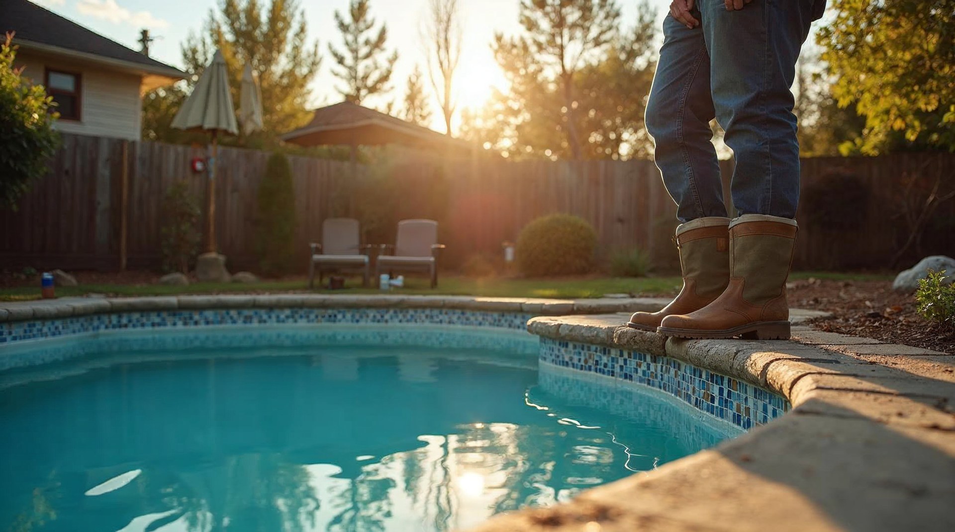 Pool builder standing at the edge of a freshly shotcreted inground pool shell in a suburban backyard at golden hour